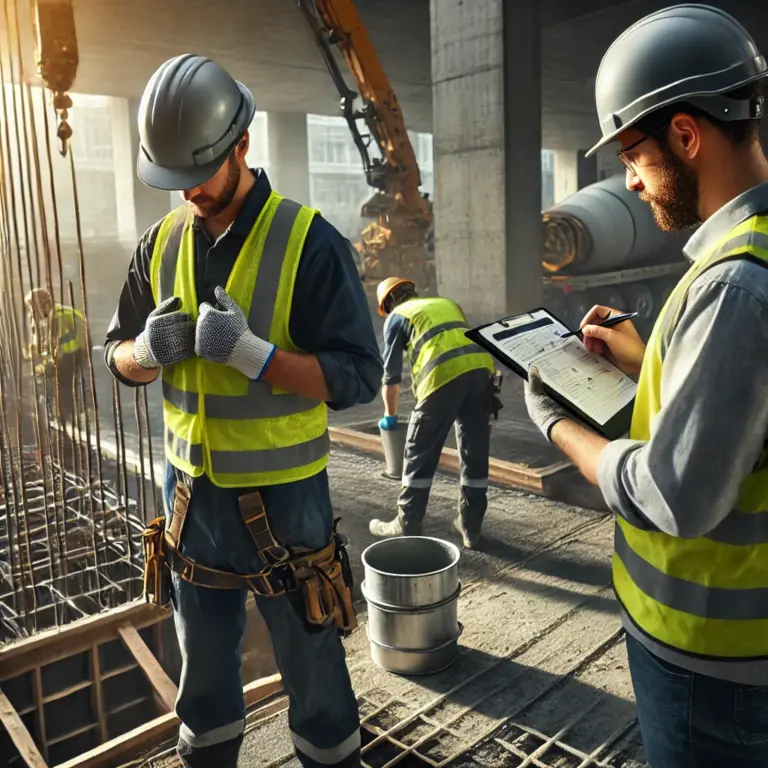 Contractors reviewing a safety checklist